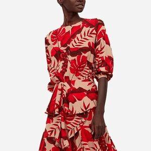 Johanna Ortiz Red & Beige Tropical Leaf Long-Sleeve Tie-Waist Dress